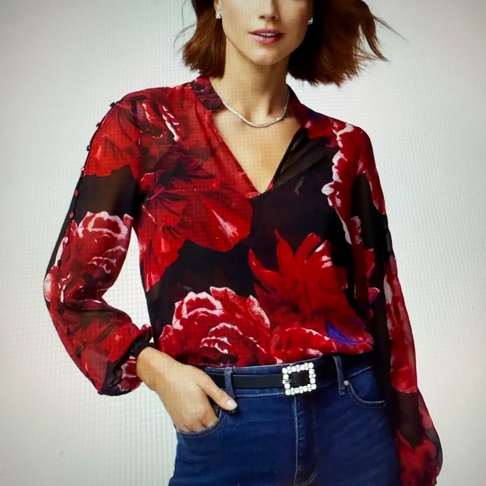 Long Sleeve Button Shoulder  Floral Blouse